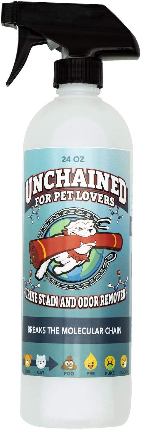 A bottle of Unchained for Pet Lovers urine stain and odor remover